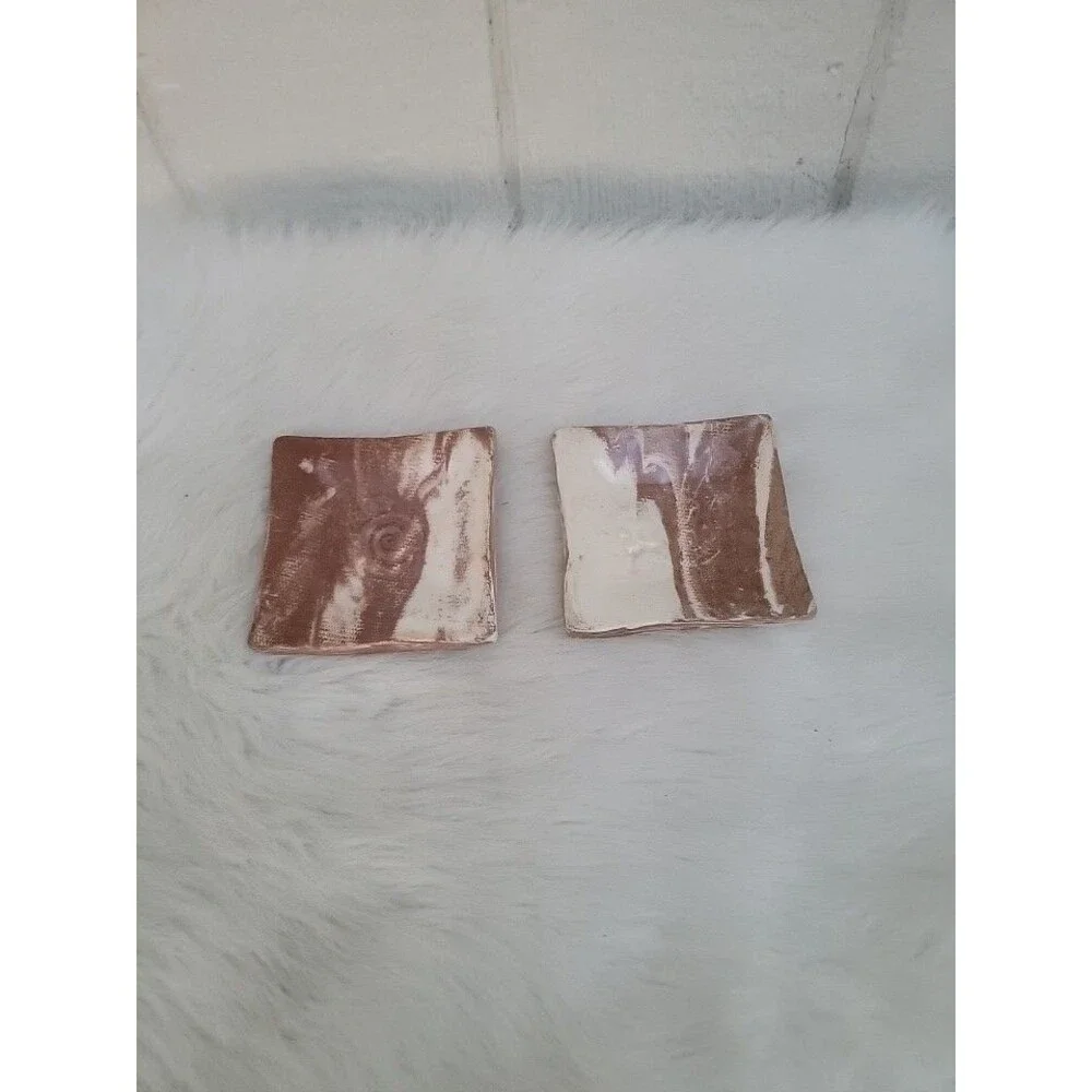2 square tan brown trinket dishes  ceramic Signed